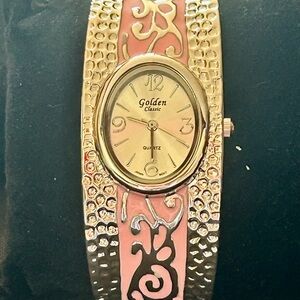 “Golden Classic” 🩷 Women's Pink and Silver Watch/Bangle/Cuff - hinged/enameled